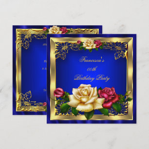 Invitation Fête d'anniversaire Roses Crème Rouge Bleu Royal O