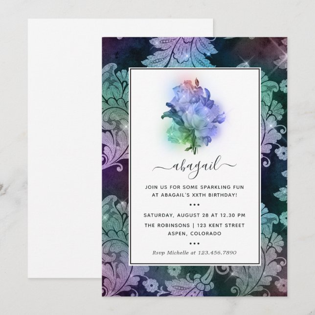 Invitation Fête d'anniversaire Roses Étincelantes (Devant / Derrière)