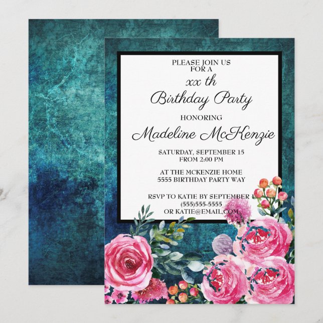 Invitation Fête d'anniversaire Roses Roses Fruitées (Devant / Derrière)
