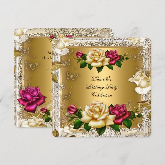 Invitation Fête d'anniversaire Roses Rouge Rose Clair Or Crèm (Devant / Derrière)