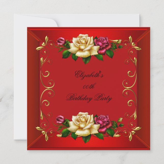 Invitation Fête d'anniversaire Roses rouges dorées élégantes (Devant)