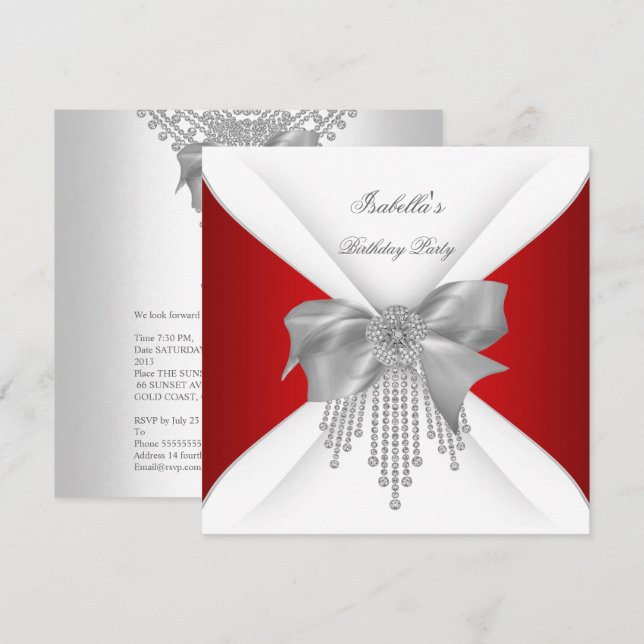 Invitation Fête d'anniversaire Rouge Argent Blanc Diamant Arc (Devant / Derrière)