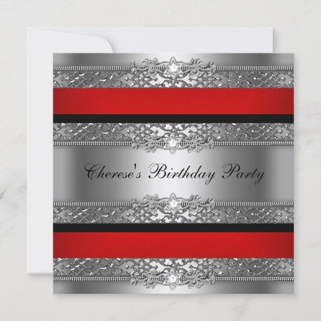 Invitation Fête d'anniversaire Rouge Argent Noir Diamant (Devant)