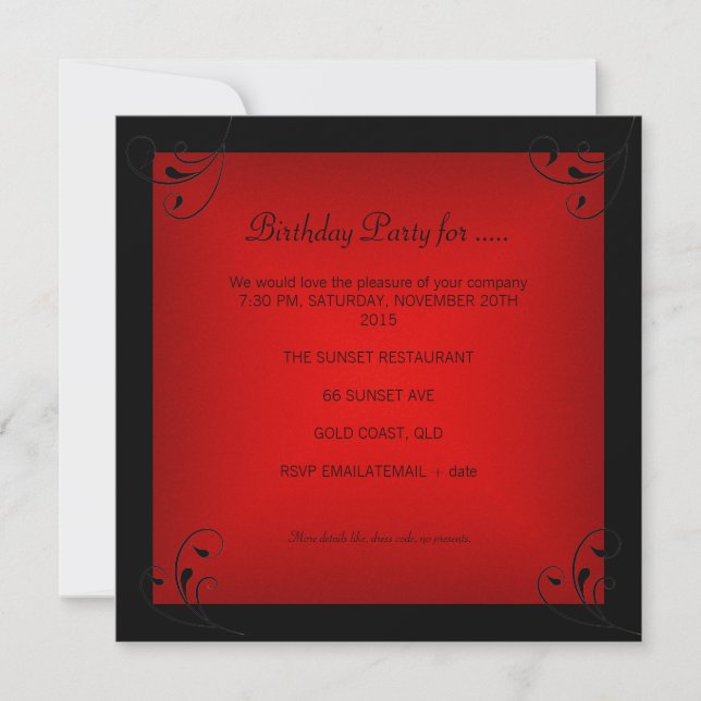 Invitation Fête d'anniversaire rouge Black Glamour (Devant)