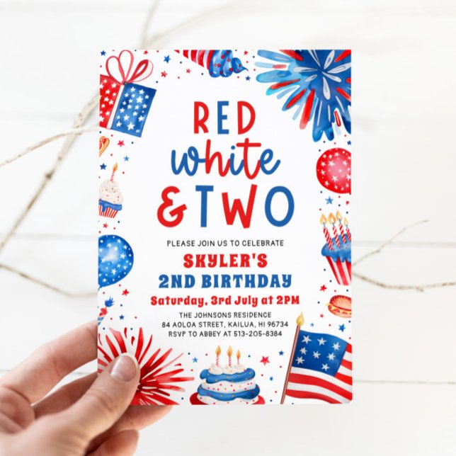 Invitation Fête d'anniversaire Rouge, Blanc & Deux pour le 4  (Watercolor Partiotic Fireworks Red, White & Two 4th July 2nd Photo Birthday Party Invitation)