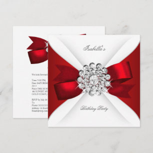 Invitation Fête d'anniversaire Rouge Blanc Diamant Nœud Rouge