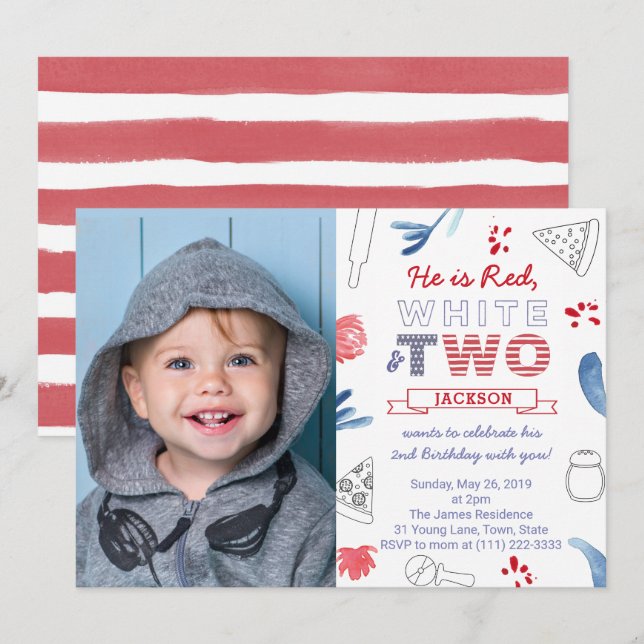 Invitation Fête d'anniversaire Rouge Blanc TWO 2 ans avec piz (Devant / Derrière)