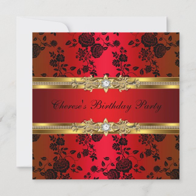 Invitation Fête d'anniversaire Rouge Damassé Or Noir (Devant)