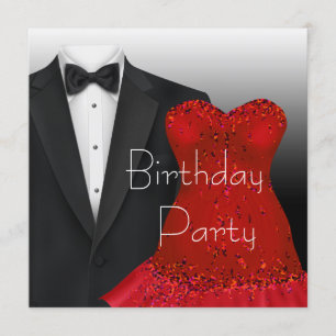 Invitation Fête d'anniversaire rouge de robe de smoking noir