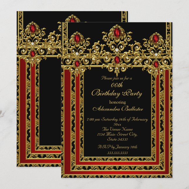 Invitation Fête d'anniversaire rouge de style marocain or élé (Devant / Derrière)