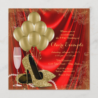 Invitation Fête d'anniversaire rouge et or pour femme en sati