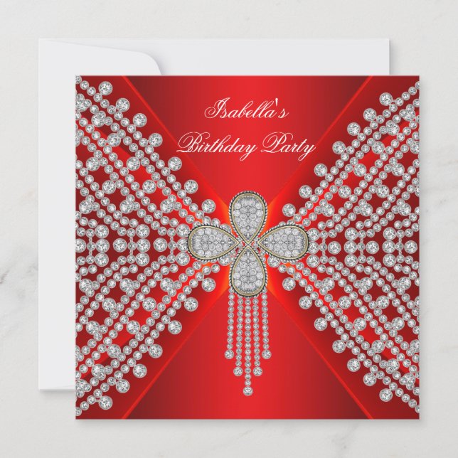 Invitation Fête d'anniversaire rouge image diamant blanc arge (Devant)