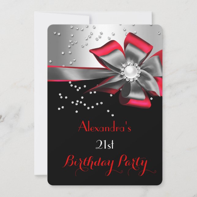 Invitation Fête d'anniversaire Rouge Noir Argent Arc Perle (Devant)