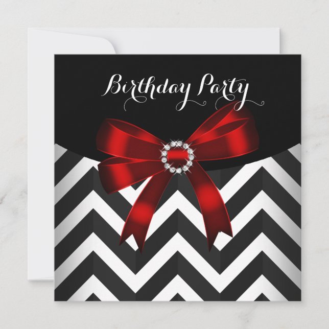 Invitation Fête d'anniversaire rouge noir blanc Chevron blanc (Devant)