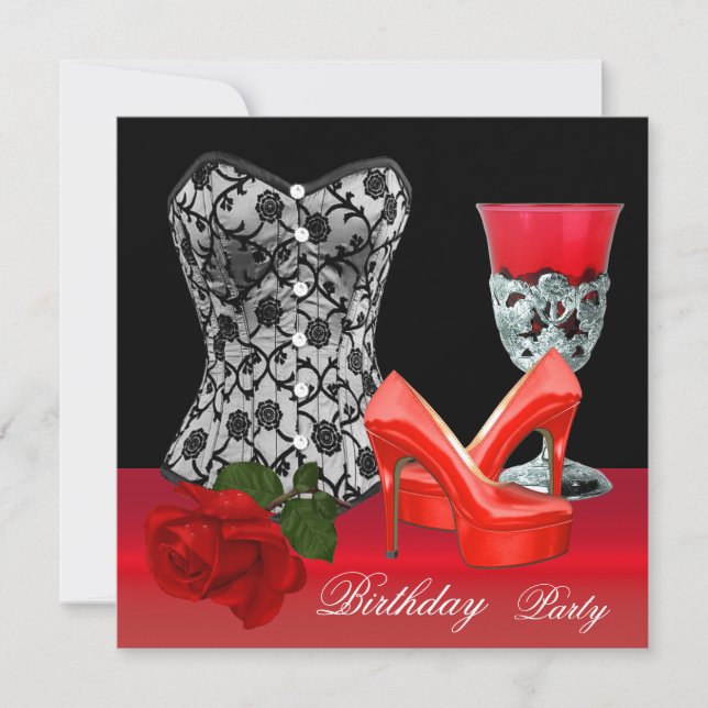 Invitation Fête d'anniversaire Rouge Noir Chaussures Corset R (Devant)