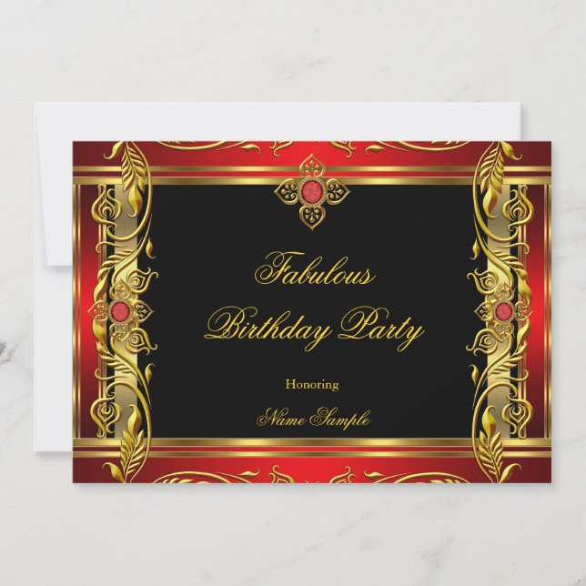 Invitation Fête d'anniversaire rouge noir or fabuleuse (Devant)