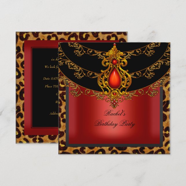 Invitation Fête d'anniversaire Rouge Or Noir Léopard (Devant / Derrière)