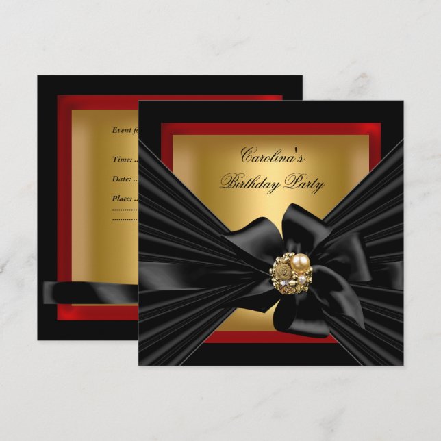 Invitation Fête d'anniversaire rouge or noir nœud (Devant / Derrière)