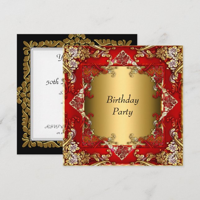Invitation Fête d'anniversaire rouge or rouge or (Devant / Derrière)