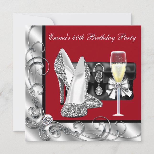 Invitation Fête d'anniversaire rouge pour femme (Devant)