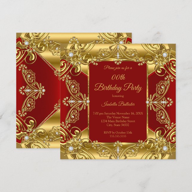 Invitation Fête d'anniversaire rouge royal ornée de faux diam (Devant / Derrière)