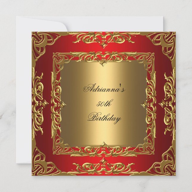 Invitation Fête d'anniversaire rouge ruban doré 50e superposi (Devant)
