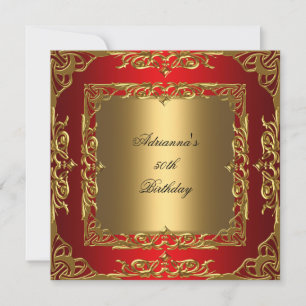 Invitation Fête d'anniversaire rouge ruban doré 50e superposi