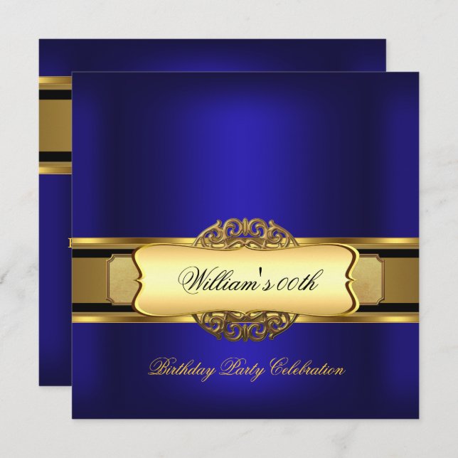 Invitation Fête d'anniversaire Royal Blue Gold Hommes (Devant / Derrière)