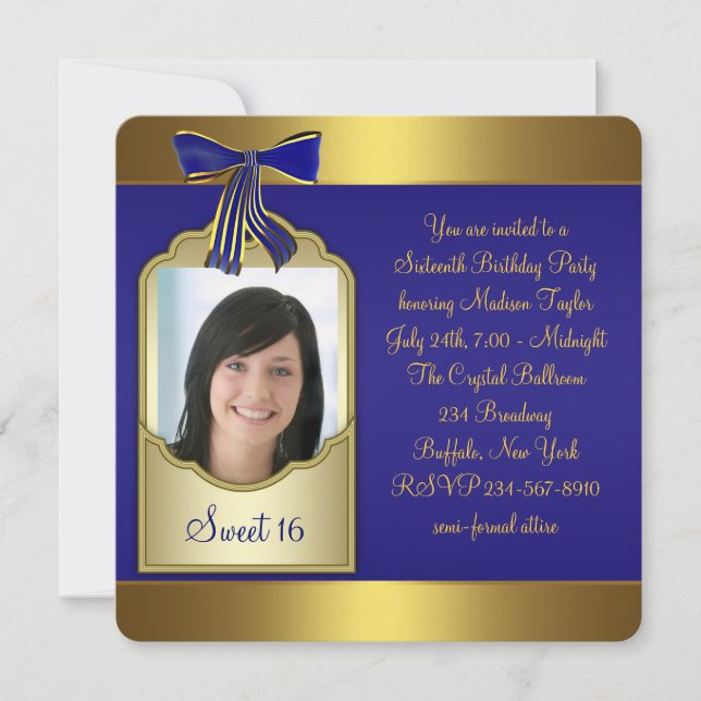 Invitation Fête d'anniversaire Royal Blue Gold Sweet 16 (Devant)