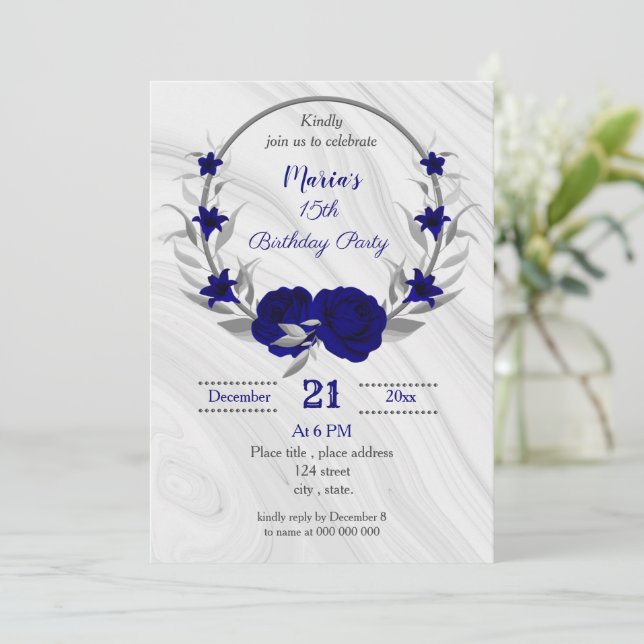 Invitation fête d'anniversaire royal blue gris argent (Debout devant)