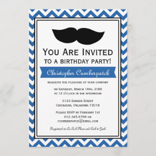 Invitation Fête d'anniversaire Royal Blue Mustache Chevron