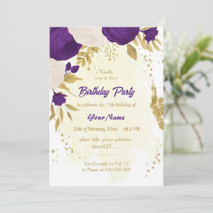 Invitation fête d'anniversaire royal violet blanc fleurs or