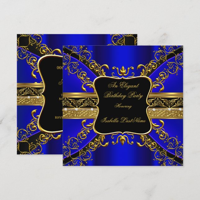 Invitation Fête d'anniversaire Royale Bleu Orné Noir Or 2 (Devant / Derrière)