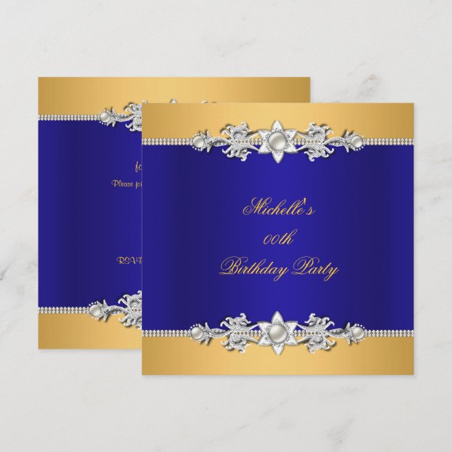Invitation Fête d'anniversaire Royale Bleu Perle Trim Jewel (Devant / Derrière)