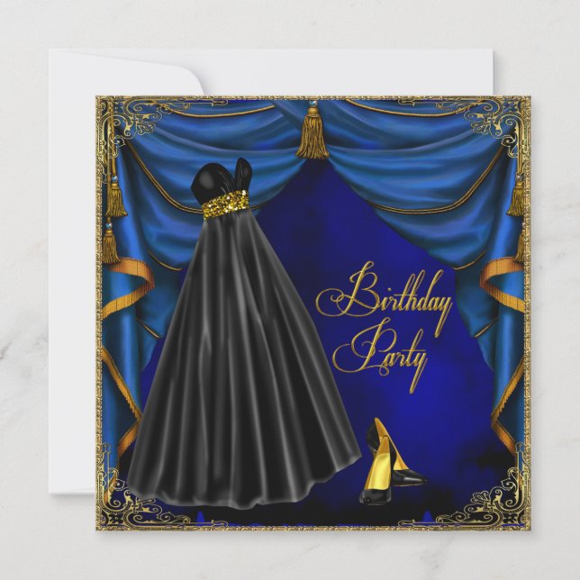 Invitation Fête d'anniversaire royale bleue dorée pour femme (Devant)