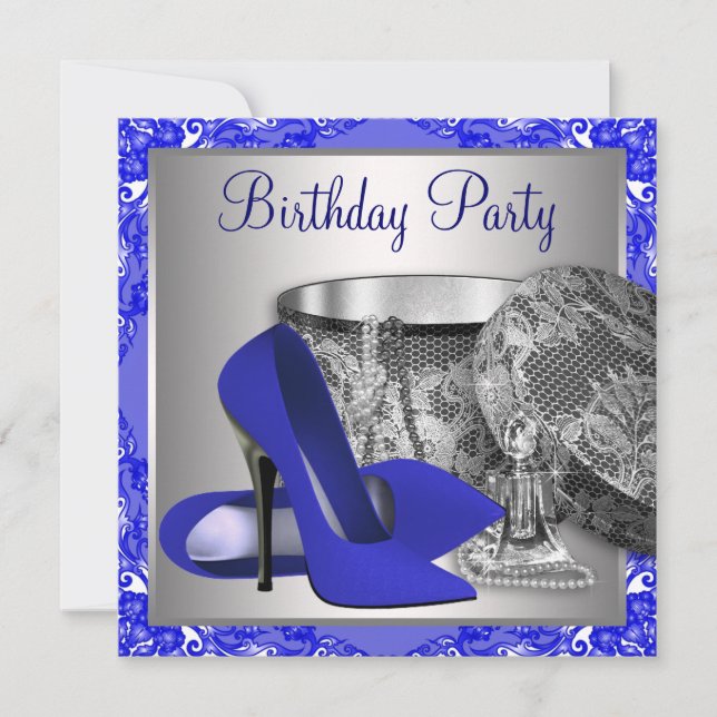 Invitation Fête d'anniversaire royale bleue et argentée pour  (Devant)