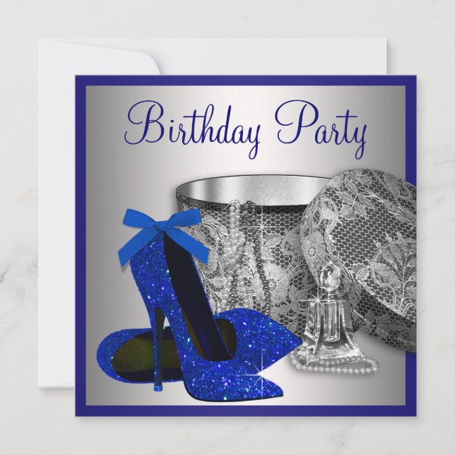 Invitation Fête d'anniversaire royale bleue et argentée pour  (Devant)