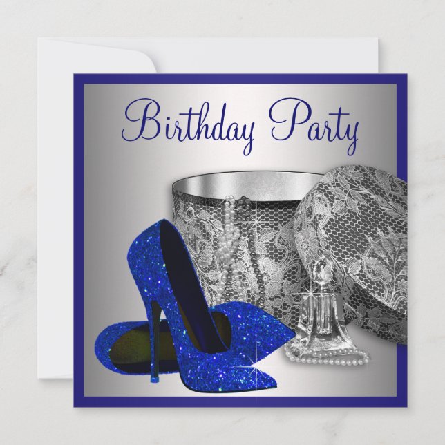 Invitation Fête d'anniversaire royale bleue et argentée pour  (Devant)