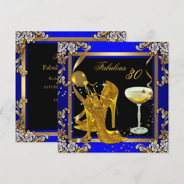 Invitation Fête d'anniversaire royale bleue et or fabuleuse à (Devant / Derrière)