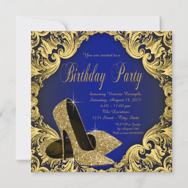 Invitation Fête d'anniversaire royale bleue et or pour femme (Devant)