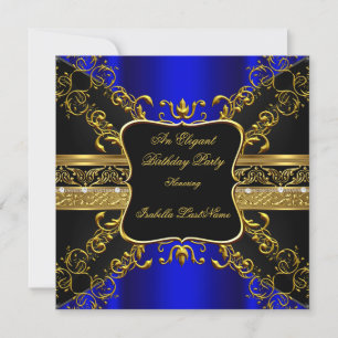 Invitation Fête d'anniversaire royale bleue noire ornée d'or