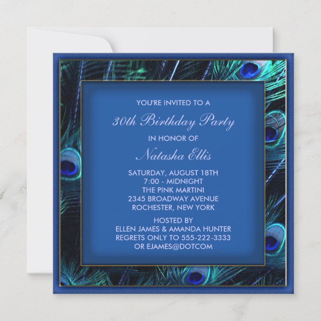 Invitation Fête d'anniversaire royale bleue pour femme Paon (Devant)