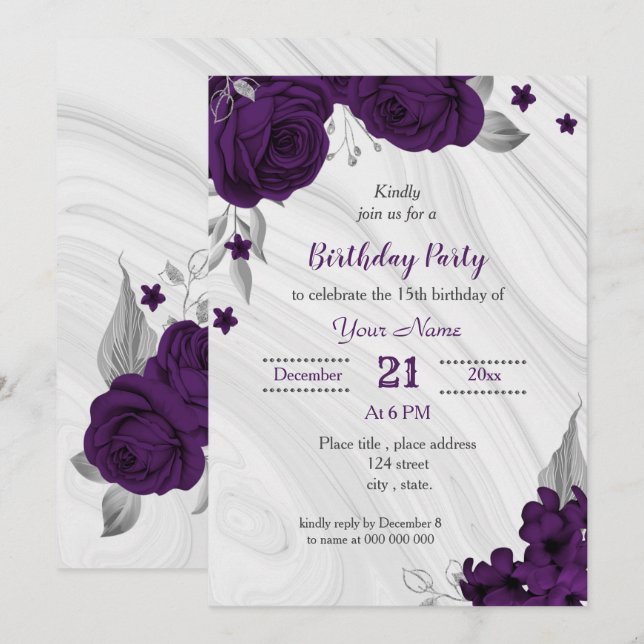 Invitation fête d'anniversaire royale violette argent (Devant / Derrière)