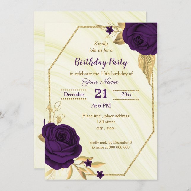 Invitation fête d'anniversaire royale violette or floral géom (Devant / Derrière)