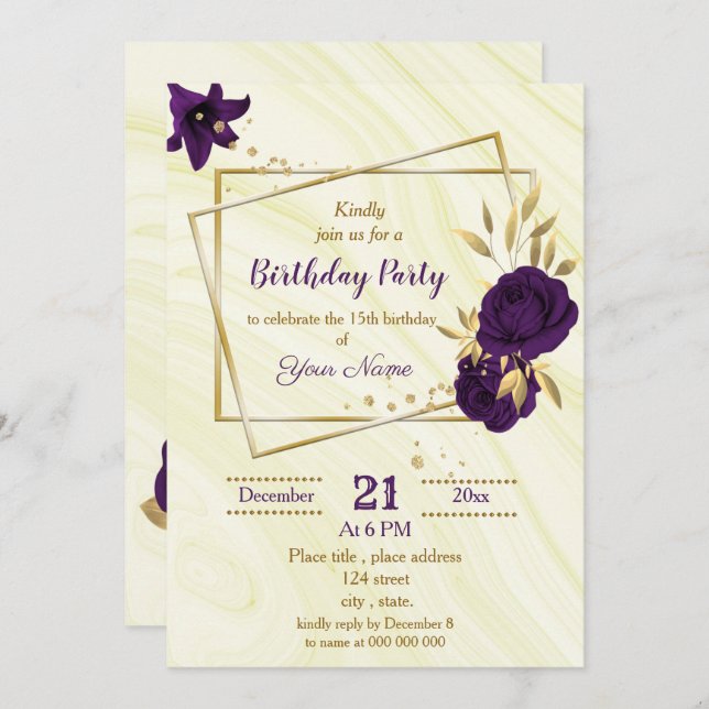 Invitation fête d'anniversaire royale violette or floral géom (Devant / Derrière)