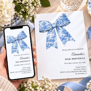Invitation Fête d'anniversaire ruban bleu blanc toile françai