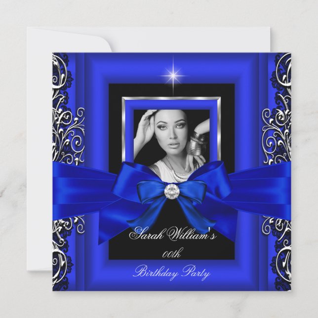 Invitation Fête d'anniversaire ruban bleu roi photo argentée (Devant)