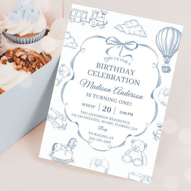 Invitation Fête d'anniversaire ruban bleu Toile De Jouy  (Créateur téléchargé)
