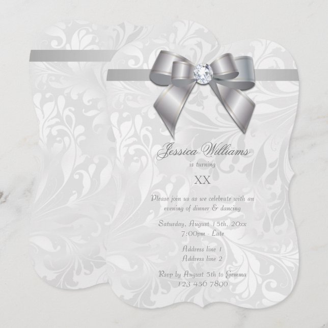 Invitation Fête d'anniversaire Ruban & Damassé Gemme d'Argent (Devant / Derrière)