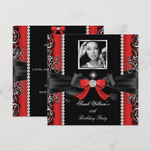 Invitation Fête d'anniversaire ruban rouge Noir Argent Photo